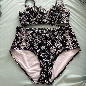 Black and Pink Patterned Bikini Set
